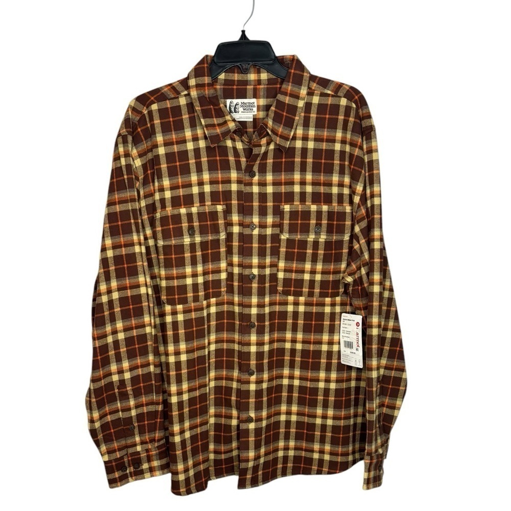 NWT Marmot Brown Chocolate Doran Midweight Cotton Plaid Flannel Shirt Mens Large